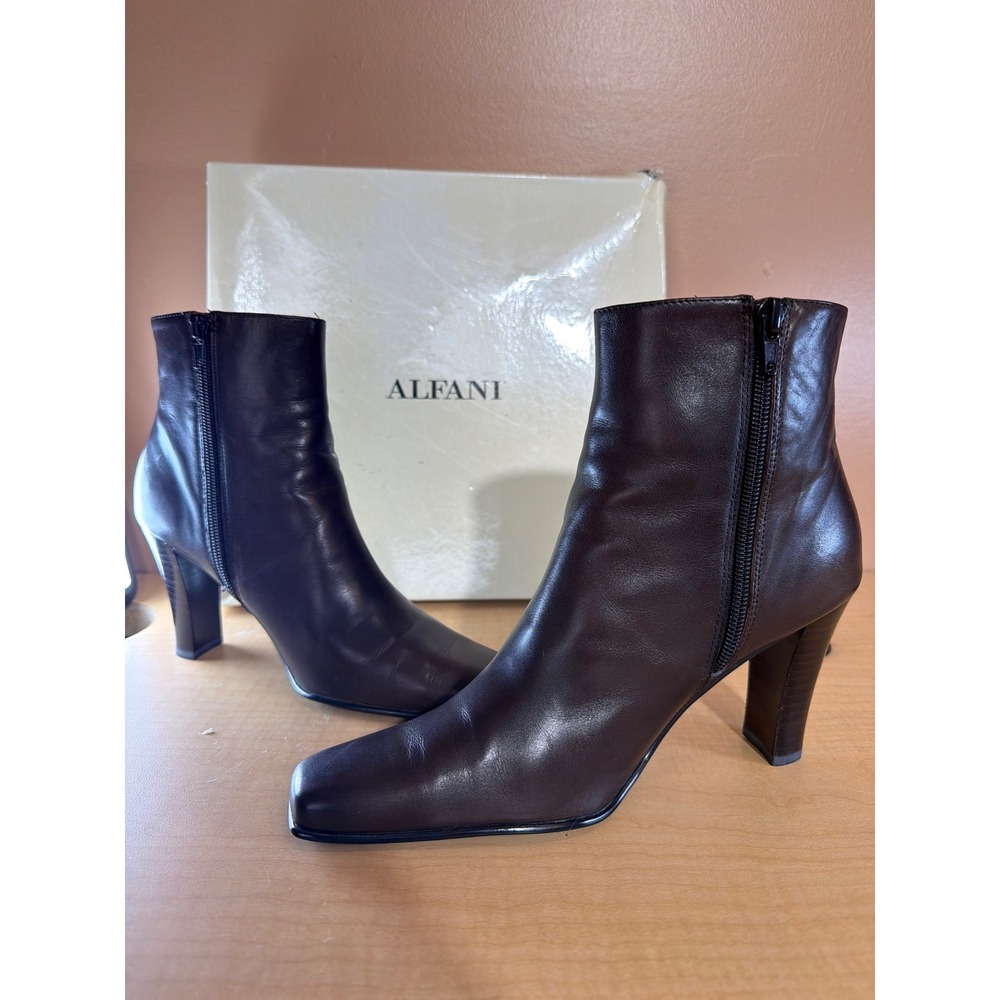 Alfani Womens Brown Leather Square Toe Block Heel Ankle‎ Boots Side Zip Size 8.5